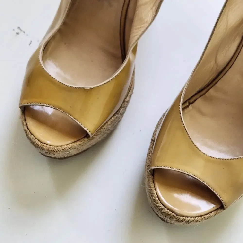 Jimmy Choo Peeptoe Slingback Wedge Espadrilles Platform Sandals Nude 40 US 9.5 - Picture 4 of 11
